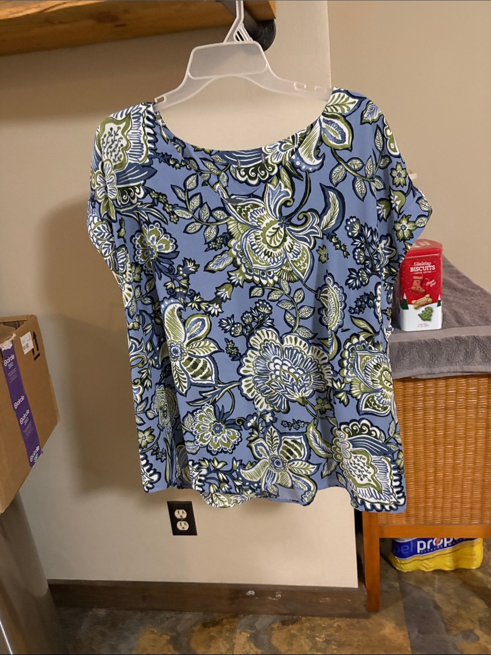 Scoop-Neck Floral Blouse in Light Blue and Olive